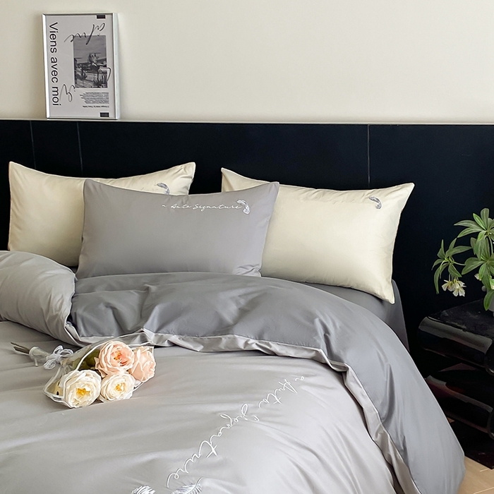 91家纺网 家纺一手货源 找家纺  澳梵家居 2024新款【知羽】系列60s刺绣全棉四件套 知羽-椰子灰