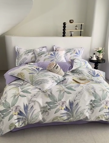 91家纺网 家纺一手货源 找家纺  元元被芯 2024新款全棉长绒棉数码印花四件套全棉四件套纯棉四件套 花意飘香-紫