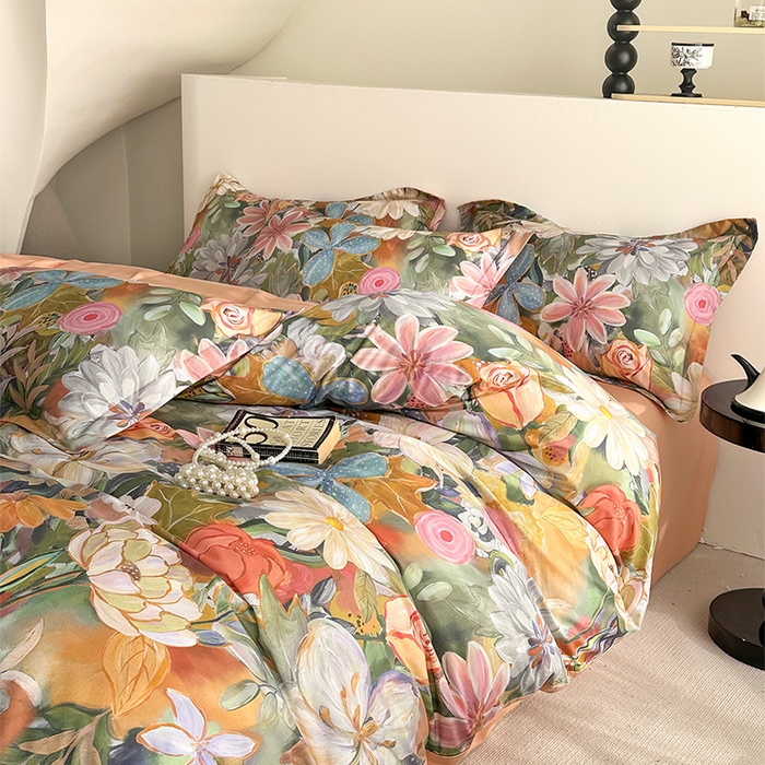 91家纺网 家纺一手货源 找家纺  元元被芯 2024新款全棉长绒棉数码印花四件套全棉四件套纯棉四件套 花的嫁纱-桔