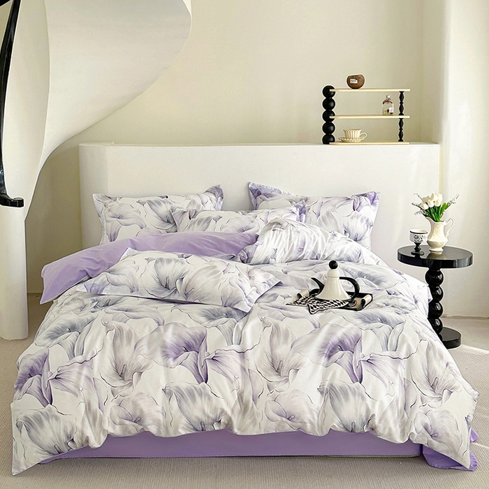 91家纺网 家纺一手货源 找家纺  元元被芯 2024新款全棉长绒棉数码印花四件套全棉四件套纯棉四件套 步步生莲-紫