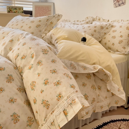 91家纺网 家纺一手货源 找家纺 麦朵家居13372花边长绒棉床裙款四件套双层纱全棉水洗棉套件繁花-黄