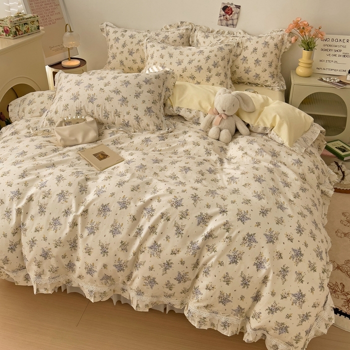91家纺网 家纺一手货源 找家纺 麦朵13372花边长绒棉床裙款四件套双层纱全棉水洗棉套件 繁花-兰
