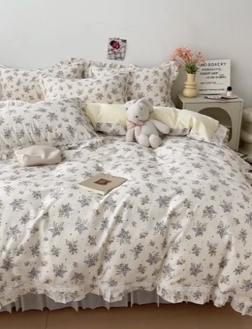 91家纺网 家纺一手货源 找家纺 麦朵13372花边长绒棉床裙款四件套双层纱全棉水洗棉套件 繁花-兰
