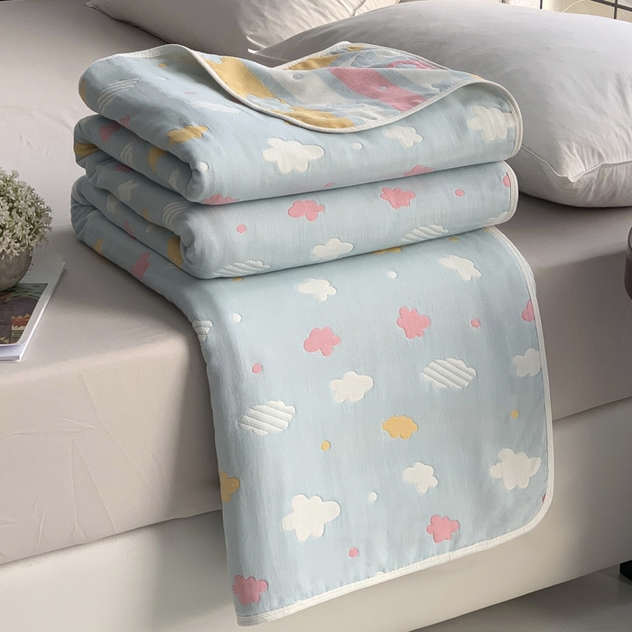 91家纺网 家纺一手货源 找家纺 爱港家纺 2024新款全棉六层毛巾被夏凉被纱布毯 蓝云