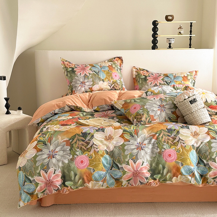 91家纺网 家纺一手货源 找家纺  元元被芯 2024新款全棉长绒棉数码印花四件套全棉四件套纯棉四件套 花的嫁纱-桔