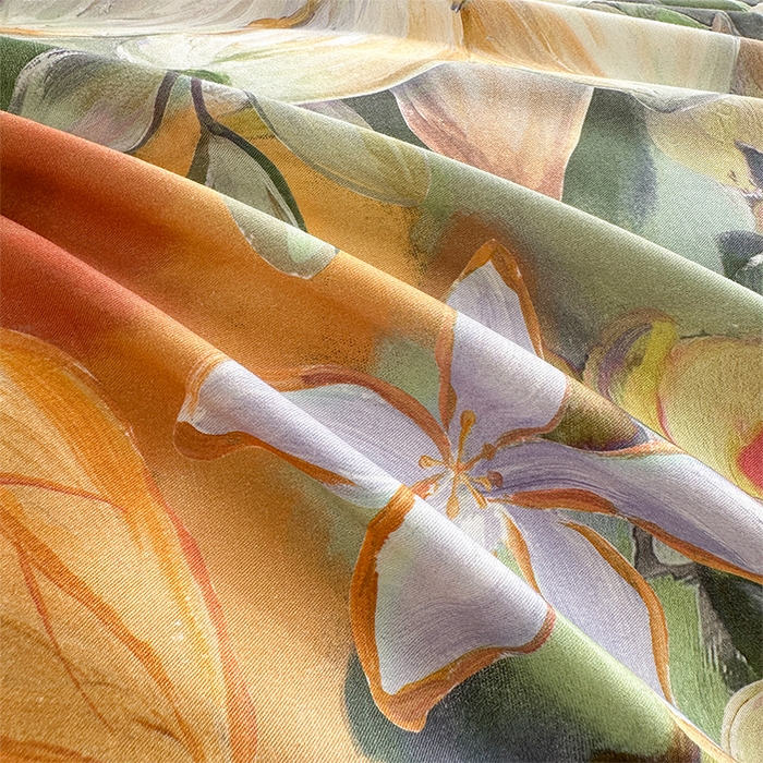 91家纺网 家纺一手货源 找家纺  元元被芯 2024新款全棉长绒棉数码印花四件套全棉四件套纯棉四件套 花的嫁纱-桔