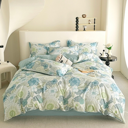 91家纺网 家纺一手货源 找家纺  元元被芯 2024新款全棉长绒棉数码印花四件套全棉四件套纯棉四件套 雪域森林-兰
