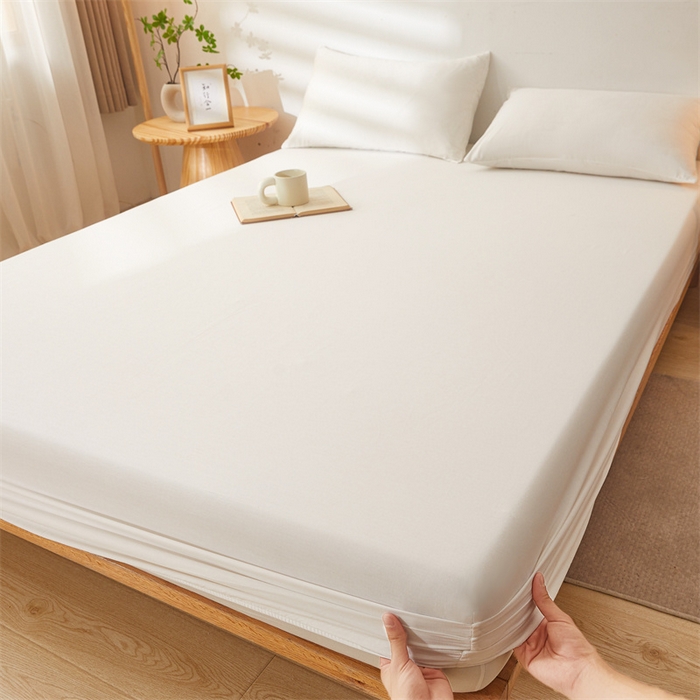 91家纺网 家纺一手货源 找家纺 雯豆 2024春夏新款纯色素色全棉床笠三件套纯棉床罩保护套 全棉单层床笠-象牙白