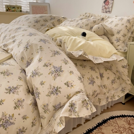 91家纺网 家纺一手货源 找家纺 麦朵13372花边长绒棉床裙款四件套双层纱全棉水洗棉套件 繁花-兰