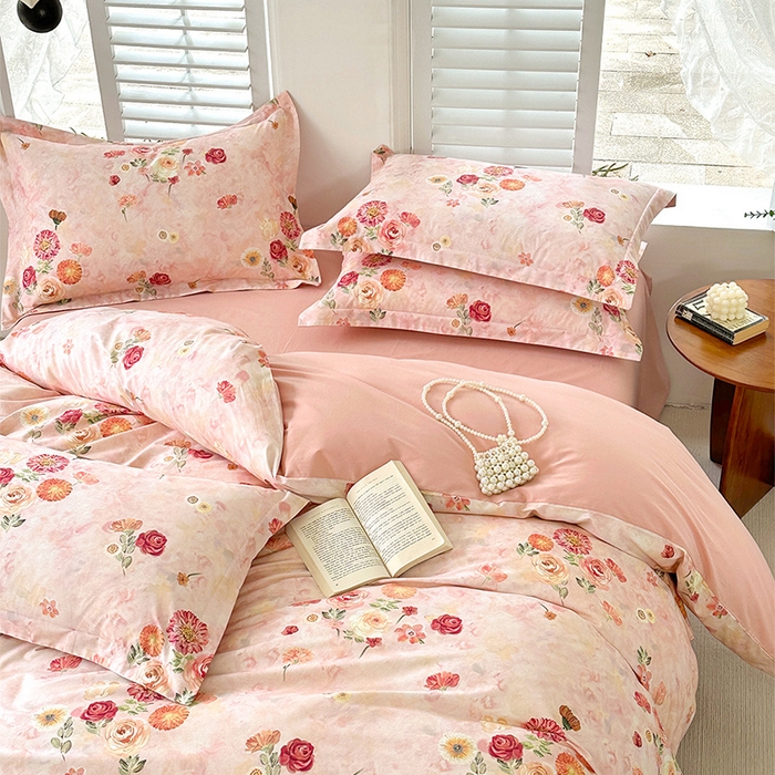 91家纺网 家纺一手货源 找家纺  元元被芯 2024新款全棉长绒棉数码印花四件套全棉四件套纯棉四件套 碧玉倩影-粉