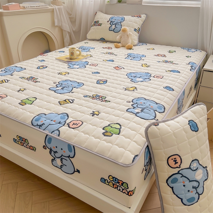 91家纺网 家纺一手货源 找家纺 雯豆家纺 2024新款A类全棉纯棉夹棉床笠三件套印花床笠 全棉夹棉床笠-小象先生