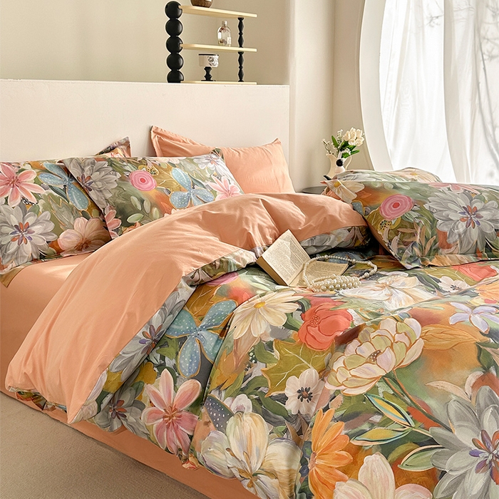 91家纺网 家纺一手货源 找家纺  元元被芯 2024新款全棉长绒棉数码印花四件套全棉四件套纯棉四件套 花的嫁纱-桔