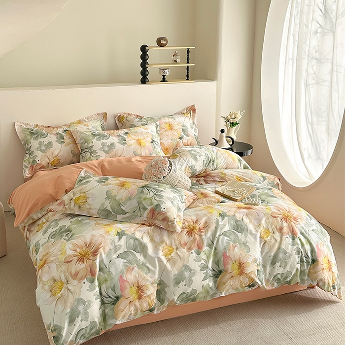 91家纺网 家纺一手货源 找家纺  元元被芯 2024新款全棉长绒棉数码印花四件套全棉四件套纯棉四件套 花的旅途-桔