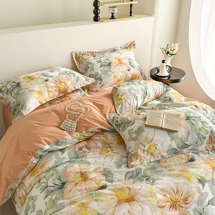 91家纺网 家纺一手货源 找家纺  元元被芯 2024新款全棉长绒棉数码印花四件套全棉四件套纯棉四件套 花的旅途-桔