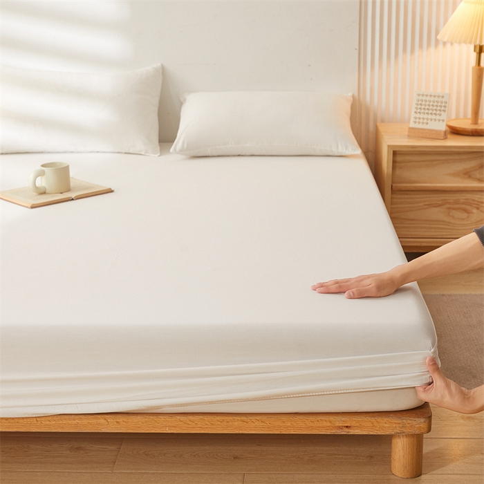 91家纺网 家纺一手货源 找家纺 雯豆 2024春夏新款纯色素色全棉床笠三件套纯棉床罩保护套 全棉单层床笠-象牙白