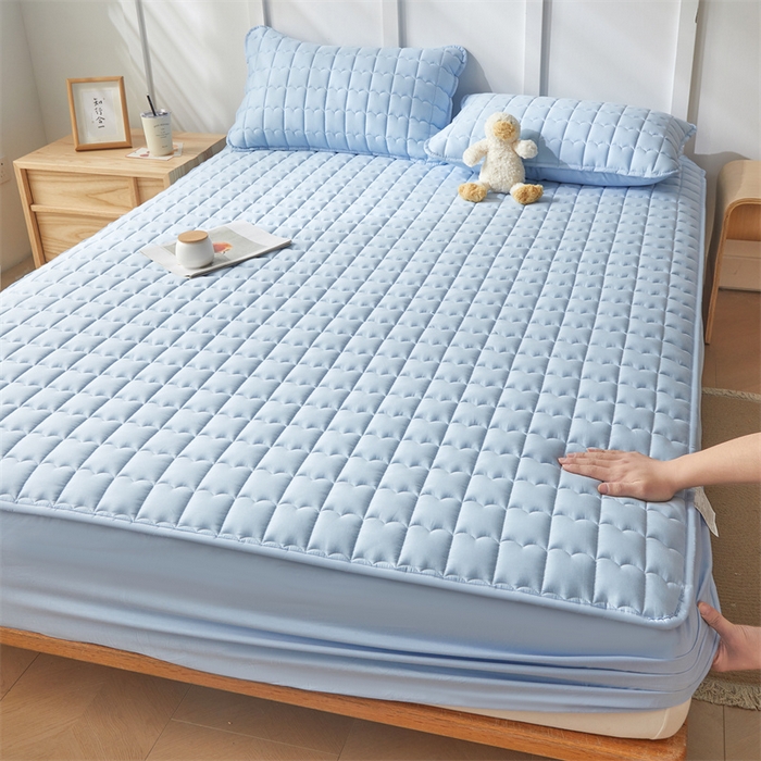 91家纺网 家纺一手货源 找家纺 雯豆家纺 2024新款A类全棉纯棉夹棉床笠三件套印花床笠 全棉夹棉床笠-云川蓝