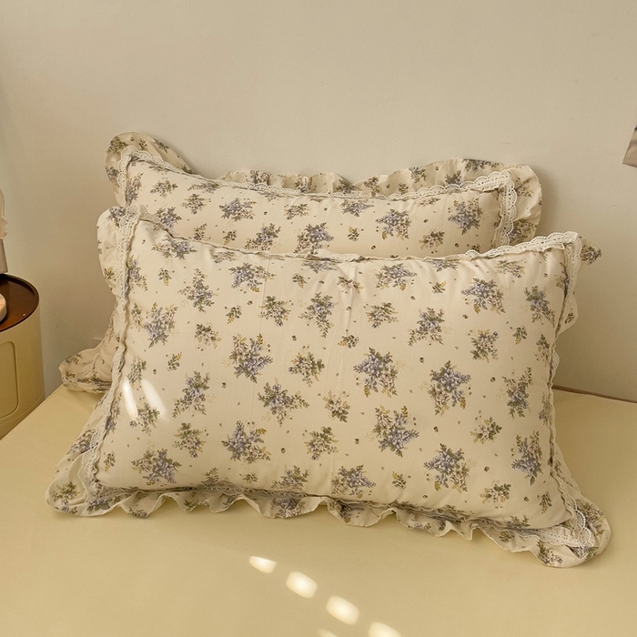 91家纺网 家纺一手货源 找家纺 麦朵13372花边长绒棉床裙款四件套双层纱全棉水洗棉套件 繁花-兰