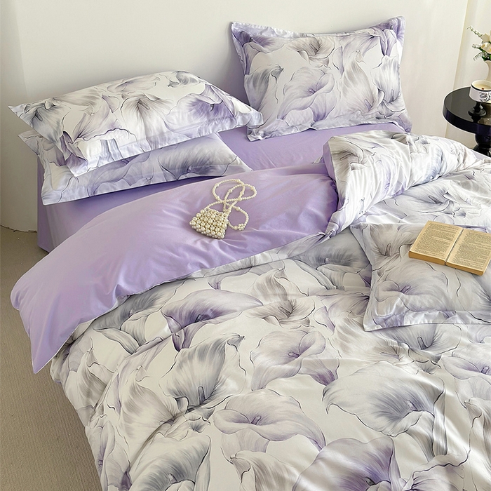 91家纺网 家纺一手货源 找家纺  元元被芯 2024新款全棉长绒棉数码印花四件套全棉四件套纯棉四件套 步步生莲-紫