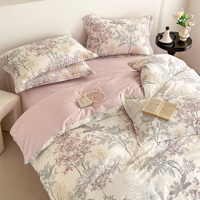 91家纺网 家纺一手货源 找家纺  元元被芯 2024新款全棉长绒棉数码印花四件套全棉四件套纯棉四件套 画意枝头-粉