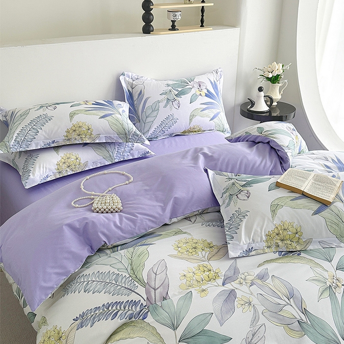 91家纺网 家纺一手货源 找家纺  元元被芯 2024新款全棉长绒棉数码印花四件套全棉四件套纯棉四件套 花意飘香-紫