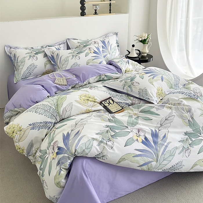 91家纺网 家纺一手货源 找家纺  元元被芯 2024新款全棉长绒棉数码印花四件套全棉四件套纯棉四件套 花意飘香-紫