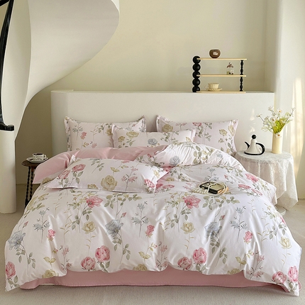  元元被芯 2024新款全棉长绒棉数码印花四件套全棉四件套纯棉四件套 臻爱-粉