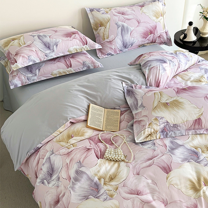 91家纺网 家纺一手货源 找家纺  元元被芯 2024新款全棉长绒棉数码印花四件套全棉四件套纯棉四件套 步步生莲-粉