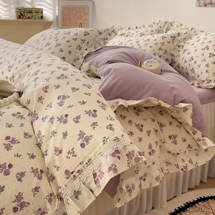 91家纺网 家纺一手货源 找家纺 麦朵家居13372花边长绒棉床裙款四件套双层纱全棉水洗棉套件繁花-紫