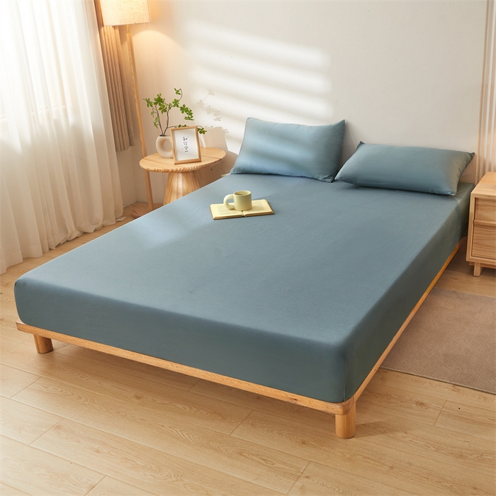 91家纺网 家纺一手货源 找家纺 雯豆 2024春夏新款纯色素色全棉床笠三件套纯棉床罩保护套 全棉单层床笠-午夜蓝