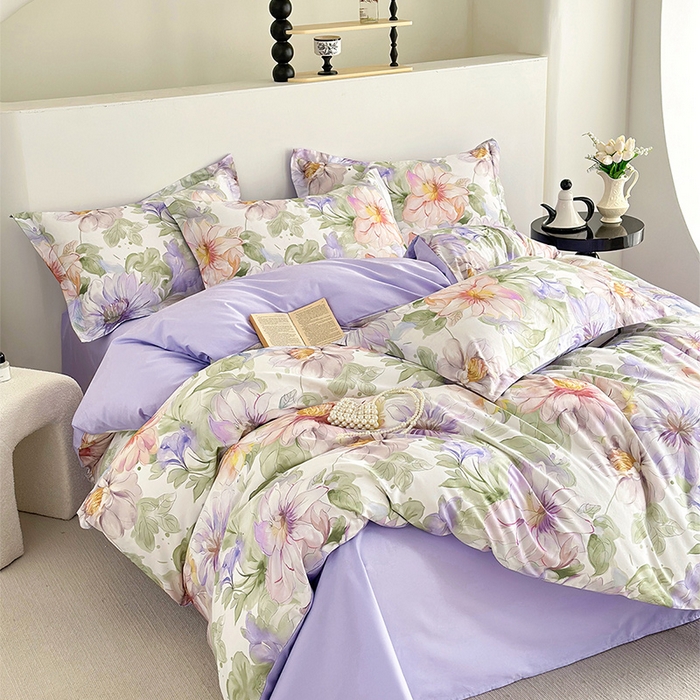 91家纺网 家纺一手货源 找家纺  元元被芯 2024新款全棉长绒棉数码印花四件套全棉四件套纯棉四件套 花的旅途-紫