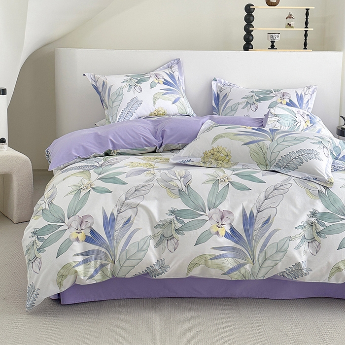 91家纺网 家纺一手货源 找家纺  元元被芯 2024新款全棉长绒棉数码印花四件套全棉四件套纯棉四件套 花意飘香-紫