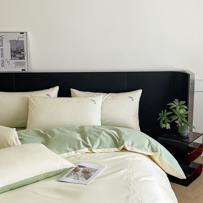 91家纺网 家纺一手货源 找家纺  澳梵家居 2024新款【知羽】系列60s刺绣全棉四件套 知羽-奶白绿