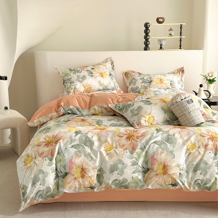 91家纺网 家纺一手货源 找家纺  元元被芯 2024新款全棉长绒棉数码印花四件套全棉四件套纯棉四件套 花的旅途-桔