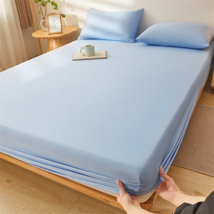 91家纺网 家纺一手货源 找家纺 雯豆 2024春夏新款纯色素色全棉床笠三件套纯棉床罩保护套 全棉单层床笠-云川蓝