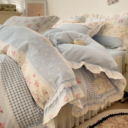 91家纺网 家纺一手货源 找家纺 麦朵13372花边长绒棉床裙款四件套双层纱全棉水洗棉套件繁花-兔小姐