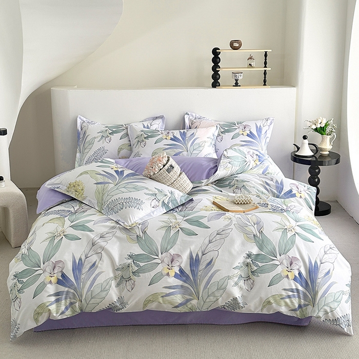 91家纺网 家纺一手货源 找家纺  元元被芯 2024新款全棉长绒棉数码印花四件套全棉四件套纯棉四件套 花意飘香-紫