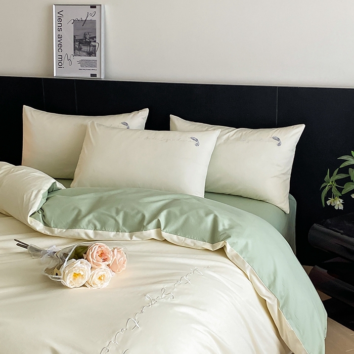 91家纺网 家纺一手货源 找家纺  澳梵家居 2024新款【知羽】系列60s刺绣全棉四件套 知羽-奶白绿