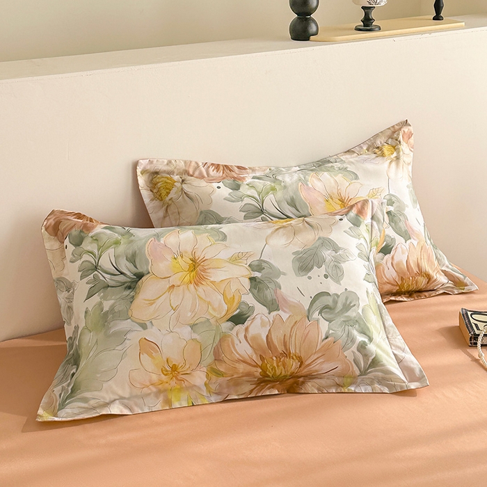 91家纺网 家纺一手货源 找家纺  元元被芯 2024新款全棉长绒棉数码印花四件套全棉四件套纯棉四件套 花的旅途-桔