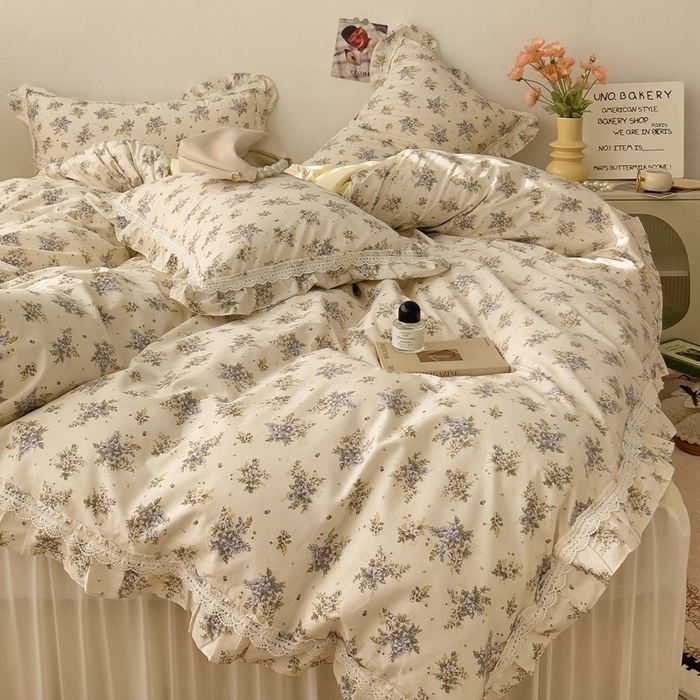 91家纺网 家纺一手货源 找家纺 麦朵13372花边长绒棉床裙款四件套双层纱全棉水洗棉套件 繁花-兰