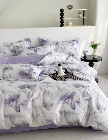 91家纺网 家纺一手货源 找家纺  元元被芯 2024新款全棉长绒棉数码印花四件套全棉四件套纯棉四件套 步步生莲-紫