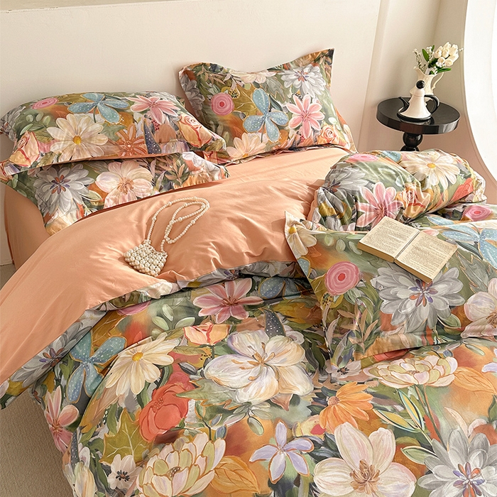 91家纺网 家纺一手货源 找家纺  元元被芯 2024新款全棉长绒棉数码印花四件套全棉四件套纯棉四件套 花的嫁纱-桔