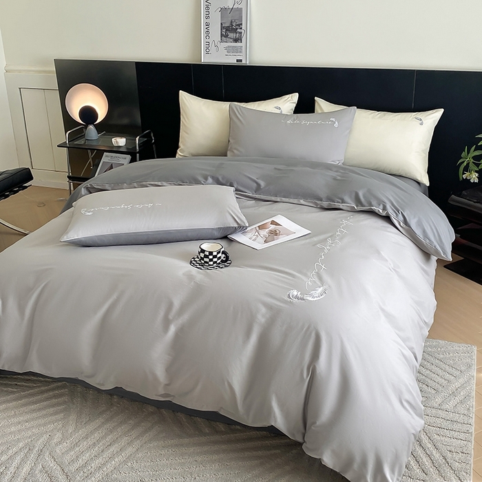 91家纺网 家纺一手货源 找家纺  澳梵家居 2024新款【知羽】系列60s刺绣全棉四件套 知羽-椰子灰