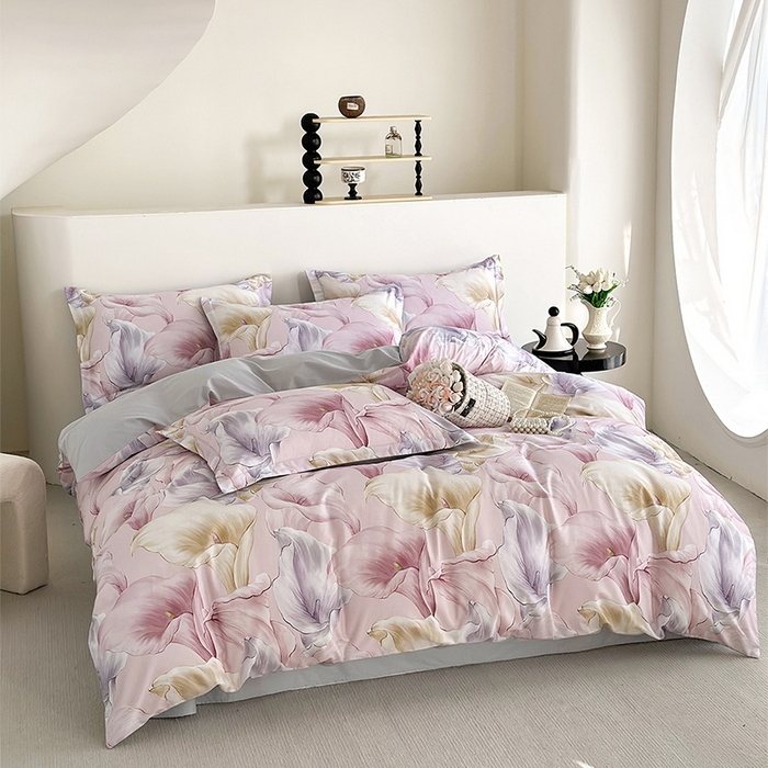 91家纺网 家纺一手货源 找家纺  元元被芯 2024新款全棉长绒棉数码印花四件套全棉四件套纯棉四件套 步步生莲-粉