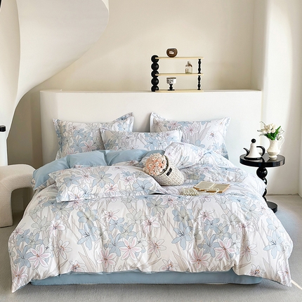 91家纺网 家纺一手货源 找家纺  元元被芯 2024新款全棉长绒棉数码印花四件套全棉四件套纯棉四件套 悦听花语-兰