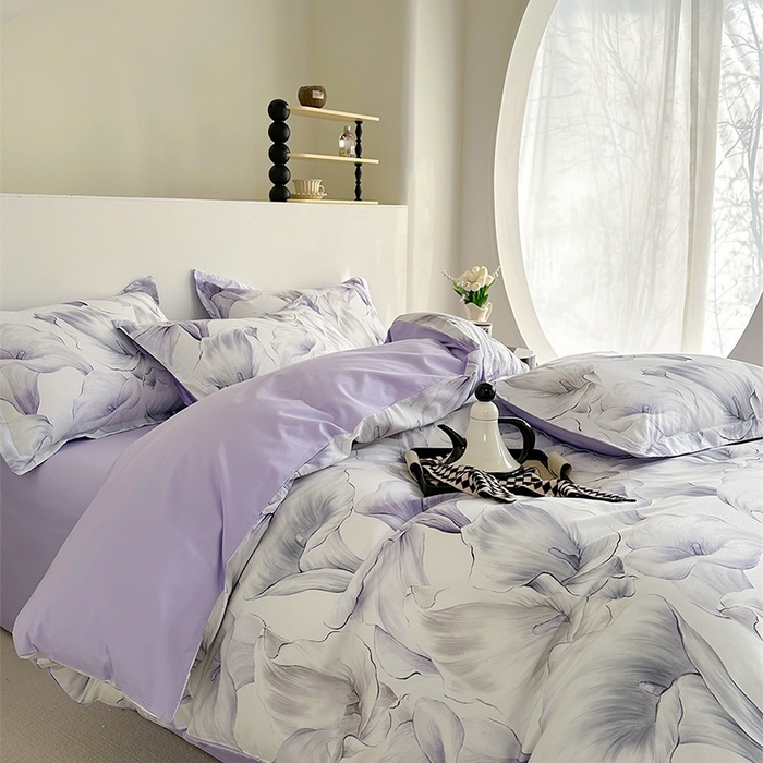 91家纺网 家纺一手货源 找家纺  元元被芯 2024新款全棉长绒棉数码印花四件套全棉四件套纯棉四件套 步步生莲-紫