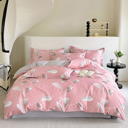  元元被芯 2024新款全棉长绒棉数码印花四件套全棉四件套纯棉四件套 迷离叶色-粉