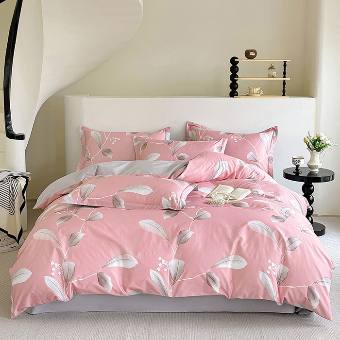 91家纺网 家纺一手货源 找家纺  元元被芯 2024新款全棉长绒棉数码印花四件套全棉四件套纯棉四件套 迷离叶色-粉