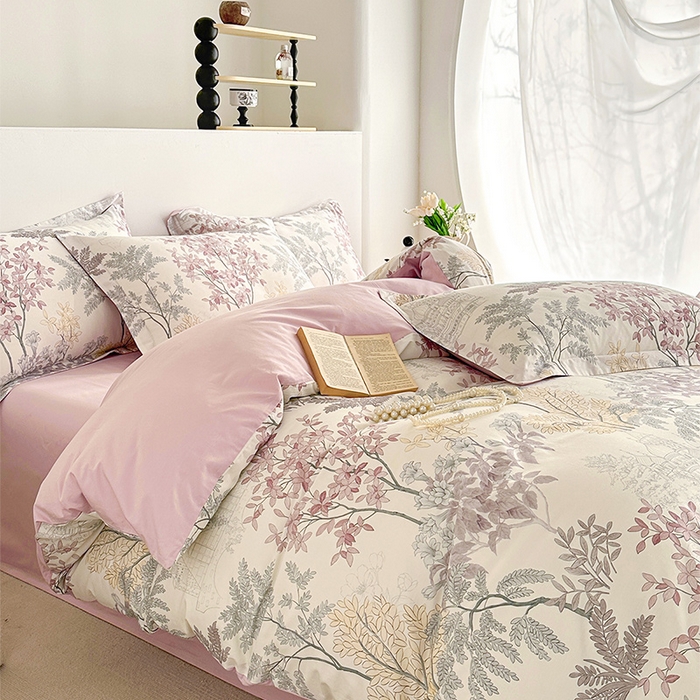 91家纺网 家纺一手货源 找家纺  元元被芯 2024新款全棉长绒棉数码印花四件套全棉四件套纯棉四件套 画意枝头-粉