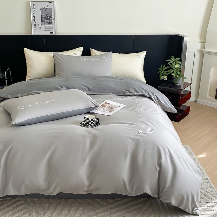 91家纺网 家纺一手货源 找家纺  澳梵家居 2024新款【知羽】系列60s刺绣全棉四件套 知羽-椰子灰