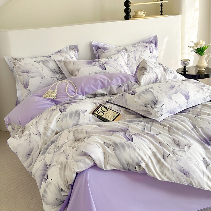 91家纺网 家纺一手货源 找家纺  元元被芯 2024新款全棉长绒棉数码印花四件套全棉四件套纯棉四件套 步步生莲-紫